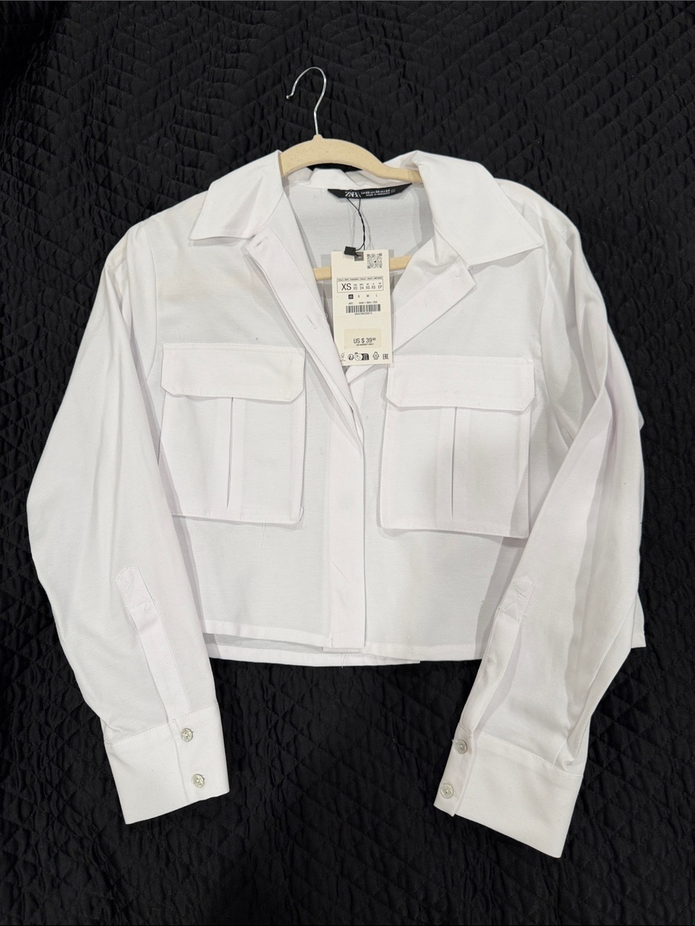 ZARA White Cropped Utility Jacket with Flap Pockets